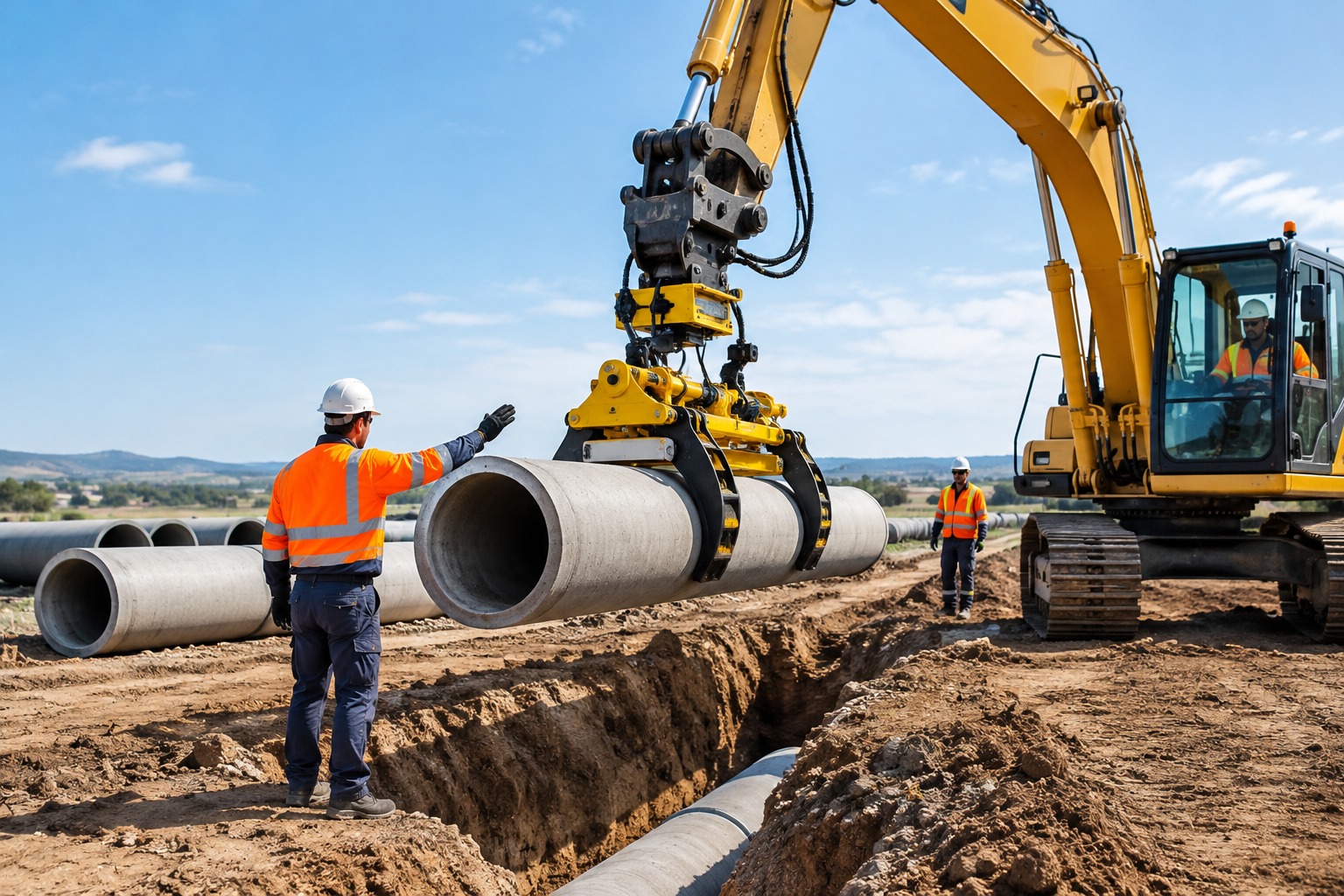 Pipe handling equipment positioning concrete pipes safely during pipeline installation in Australia